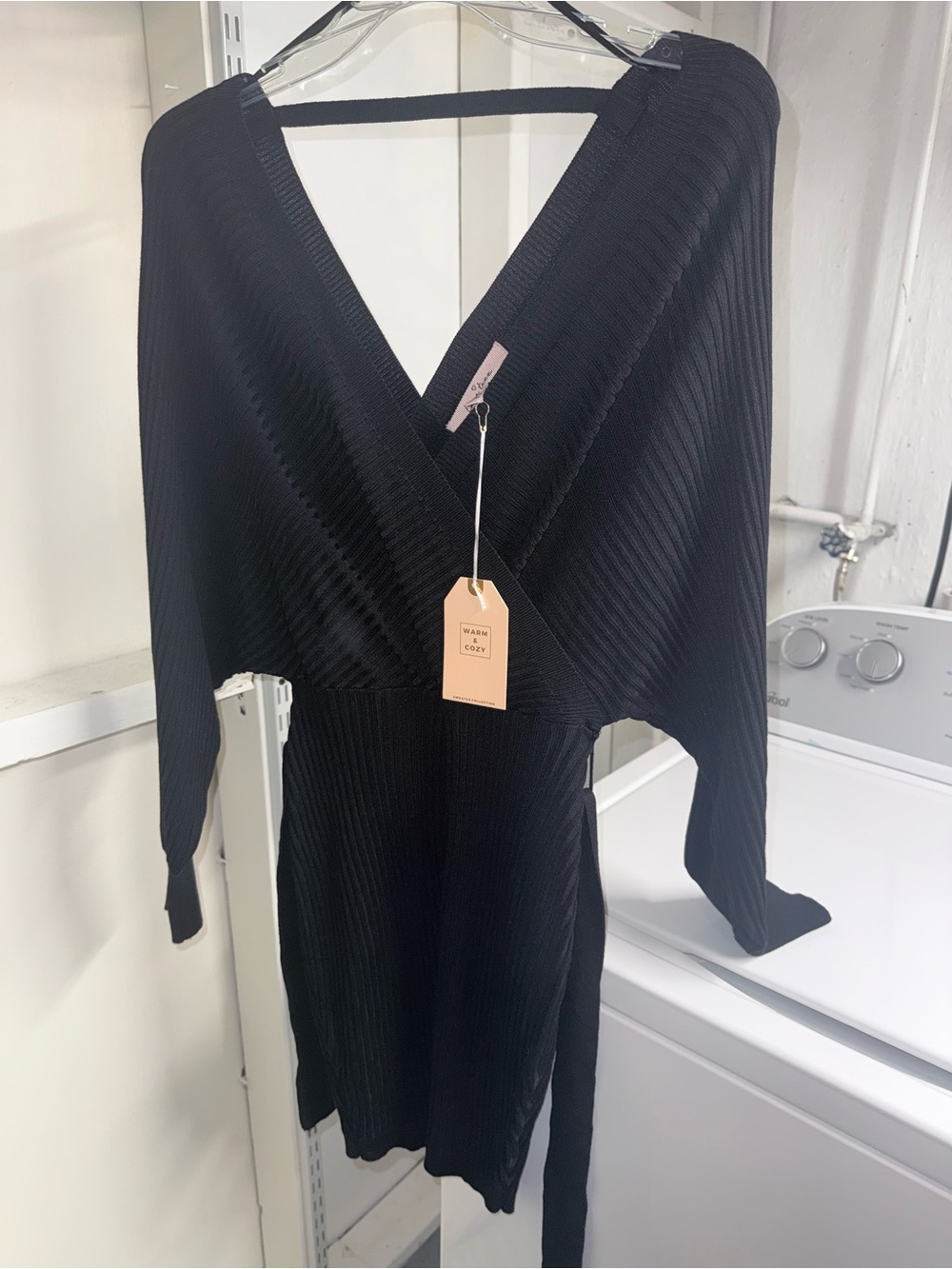 Love Tree Black Ribbed V-Neck Wrap Sweater Dress